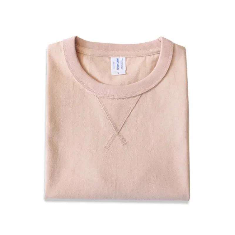Amerikaanse Katoen 245G Dikke T-shirts Ruwe Naadloze Drie Naalden Retro Roll-Hals Mannen Vrouwen Korte Mouwen T-shirt casual Top Tees - afbeelding 1
