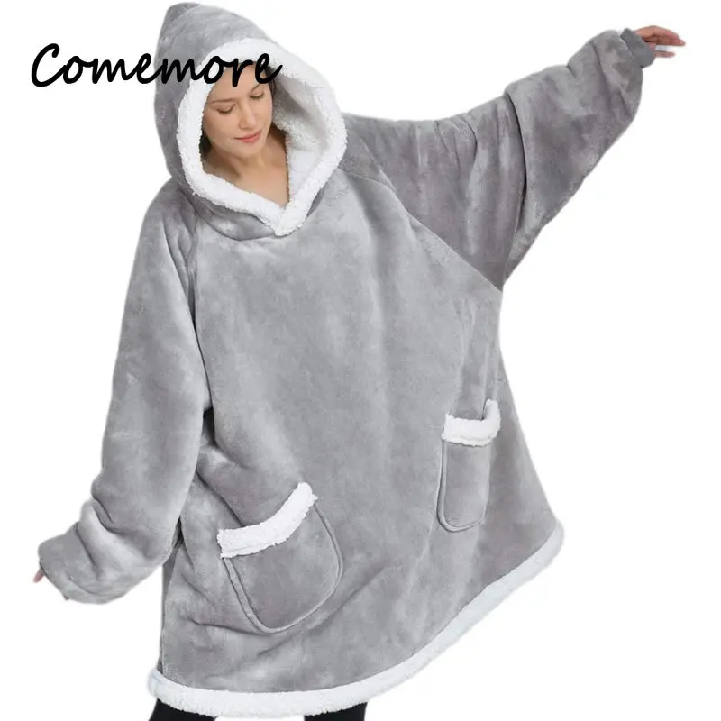 Fashion Oversized Hoodie Blanket with Sleeves Sweatshirt Plaid Winter Fleece Hoody Pajamas for Women Female Autumn Home Wear