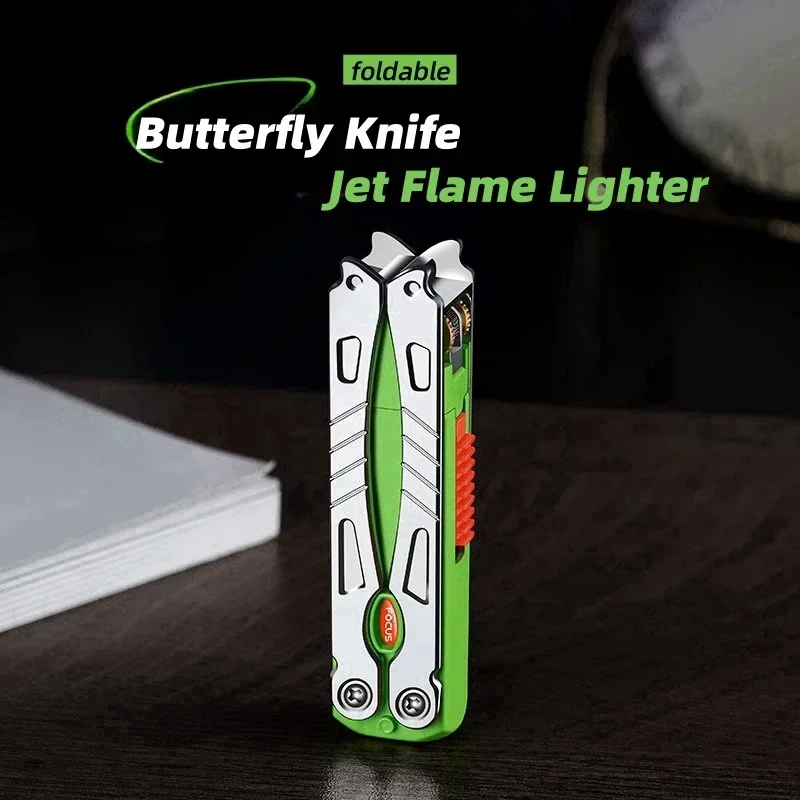 New Metal Flint Grinding Wheel Ignition Lighter Windproof Folding Jet Inflatable Pressure Reducing Lighter Men\'s Smoking Gift