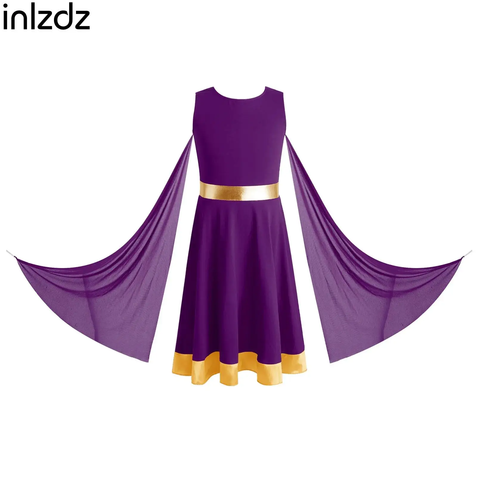 

Children Girls Lyrical Modern Dance Tunic Dress Liturgical Worship Praise Dance Clothes Metallic Waist Hem Dress And Mesh Drapes