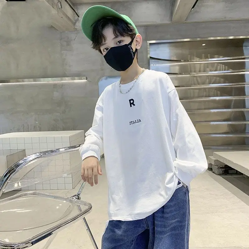 Boys' Cotton Handsome Long Sleeved T-shirt 2024 New Spring And Autumn Season Loose Base Shirt For Middle-aged And Young Child image 5