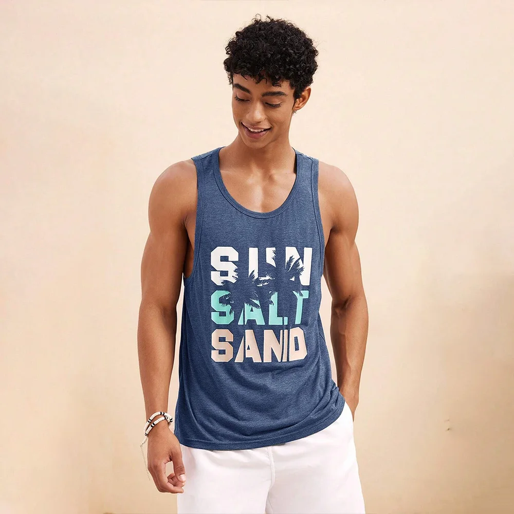 Summer Fresh And Simple Letter Men\'s Printed Men\'s Round Neck Vest Harajuku Street Fashion Daily Sports Fitness Breathable Vest