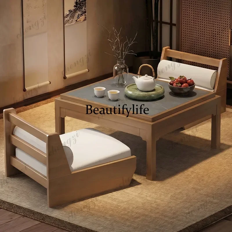 DD182Balcony push-pull tea table short small solid wood square table bay window Japanese zen tea table new