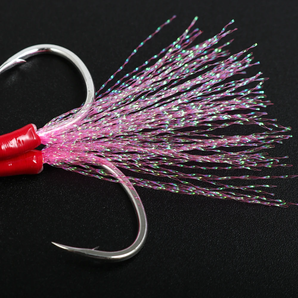 CASTFUN Assist Hook High Carbon Steel Hook Slow Jig With 8 Braided PE line and Feather Saltwater Fishing Hook 2pcs/1Bag