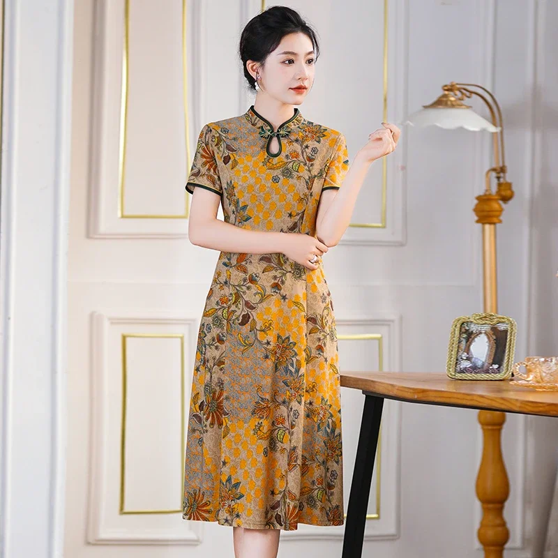 

Elegant Summer Chinese Cheongsam Women Modified Dress Vintage Floral Printed Dress Mandarin Collar Female Qipao Dress Z422