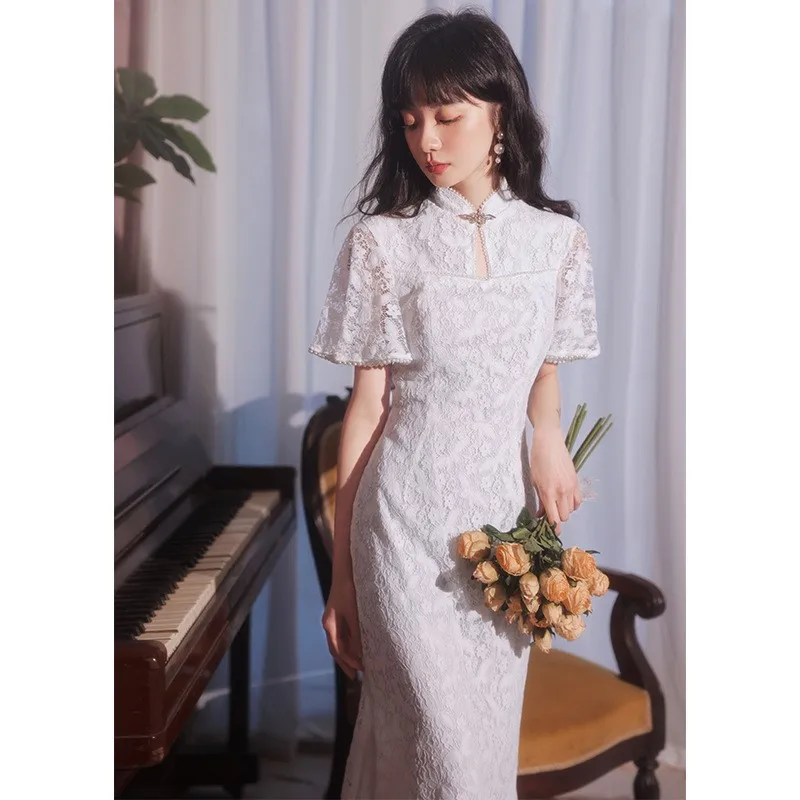 Improved cheongsam evening dress white banquet style niche luxury lace women's