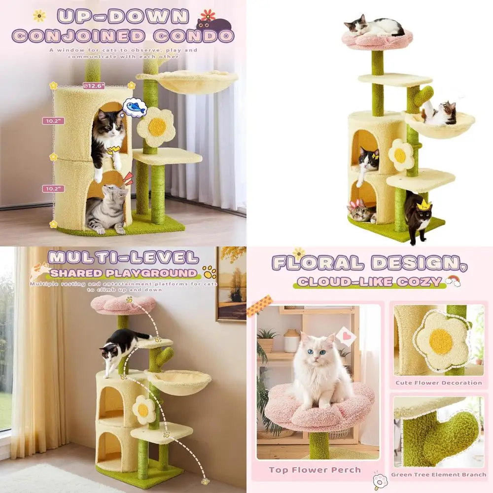 

38.2 Multi-Level Indoor Cat Tower with Flower Top, Cozy Condos, Hammock, and Scratching Post