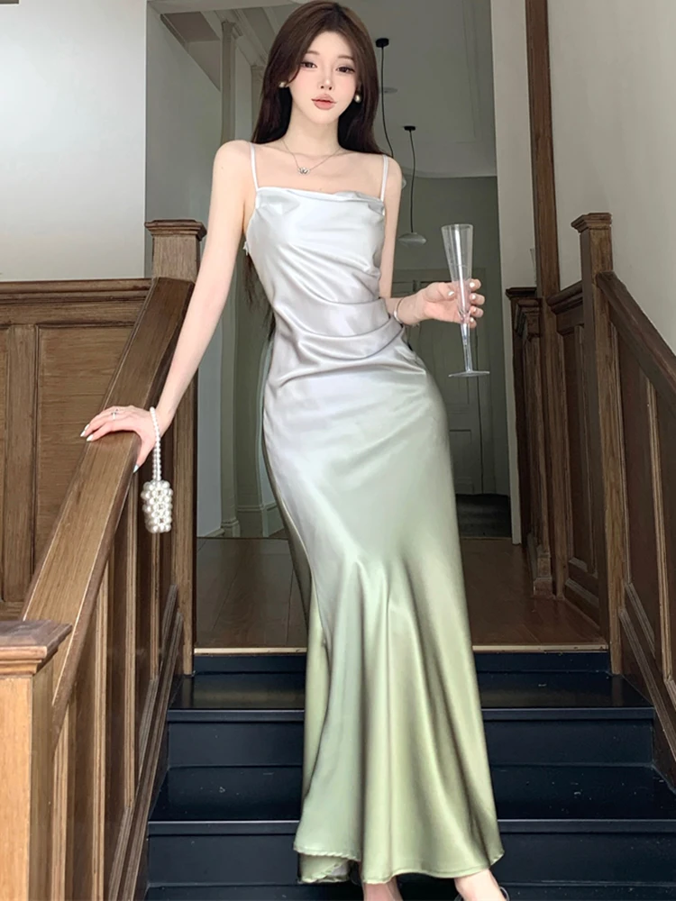韓国ヴィンテージ風ラグジュアリーフェスティバルドレス、サマーグラデーショングリーンアセテートサテン スリングドレス、2025年エレガントボディコンダンスプロムドレス