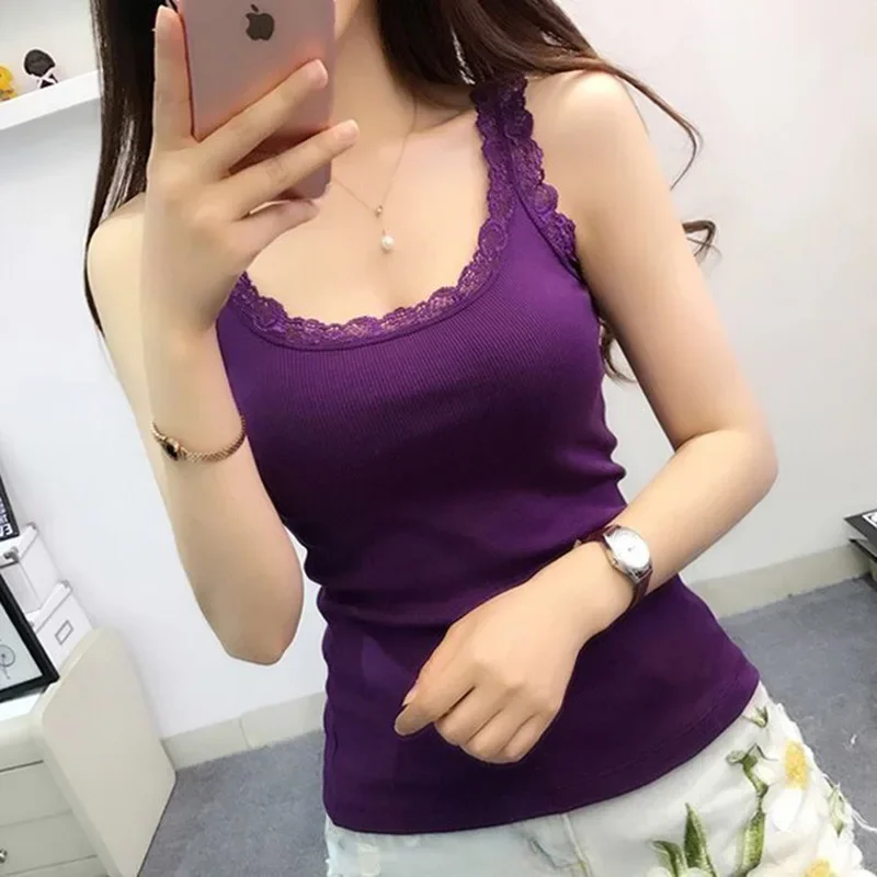 

Women Newest Vests Top Tank Lace Lace Round Neck Camisole Women's Outer Wear Slim Bottoming Sexy Sleeveless Ladies Cotton Vest