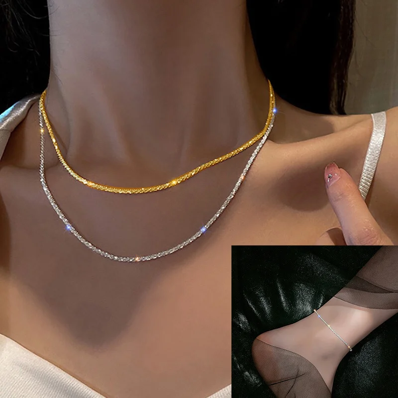 3Pcs Elegant Stainless Steel Metal Necklace Earrings Bracelet Set Earrings Short URL Clavicle Chain Bracelet Ankle Chain Jewelry Set