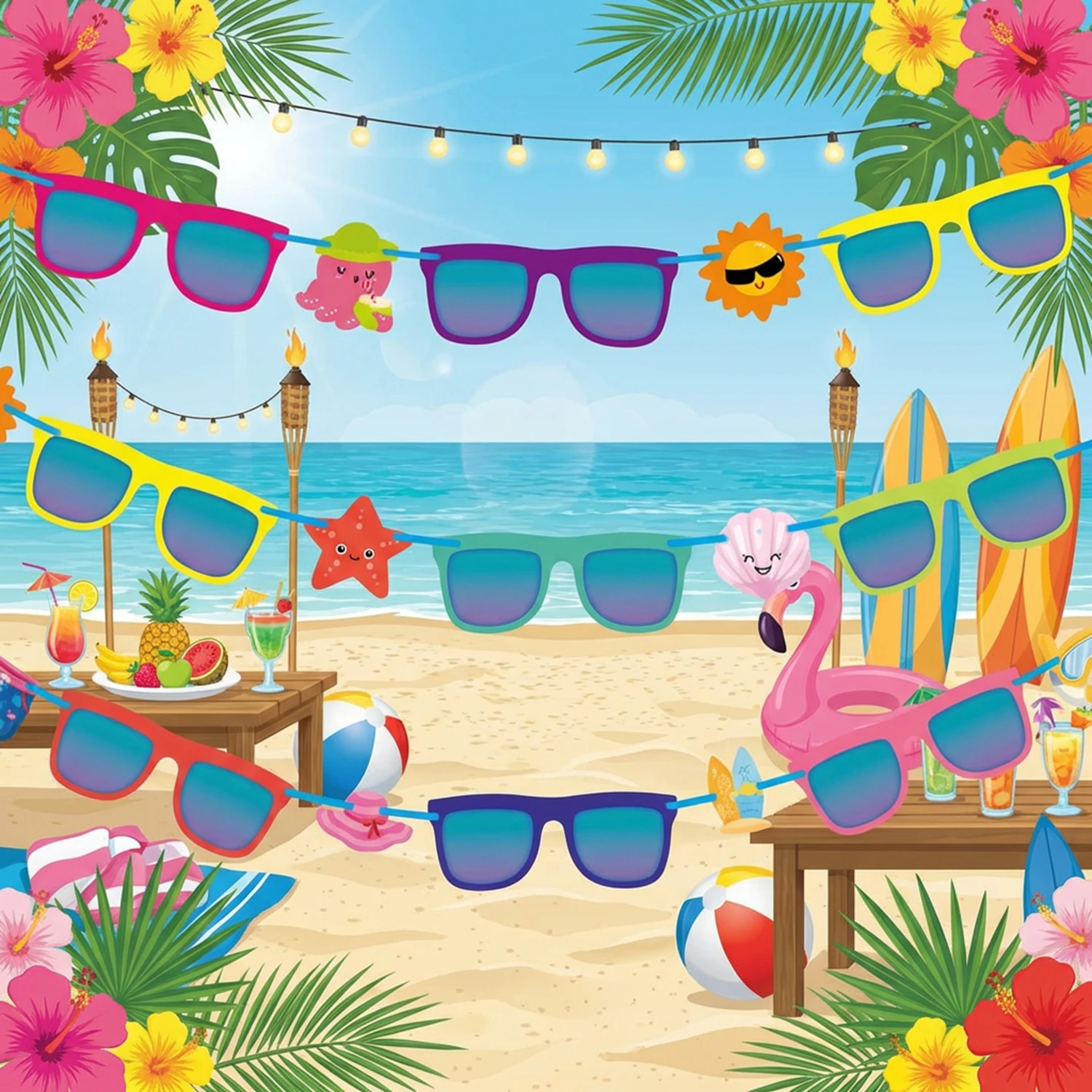 Décorations de fête tropicales : Bannière, guirlande et accessoires pour lunettes de soleil, thème Hawaï, piscine, Luau, plage, pour baby shower, anniversaire et événements