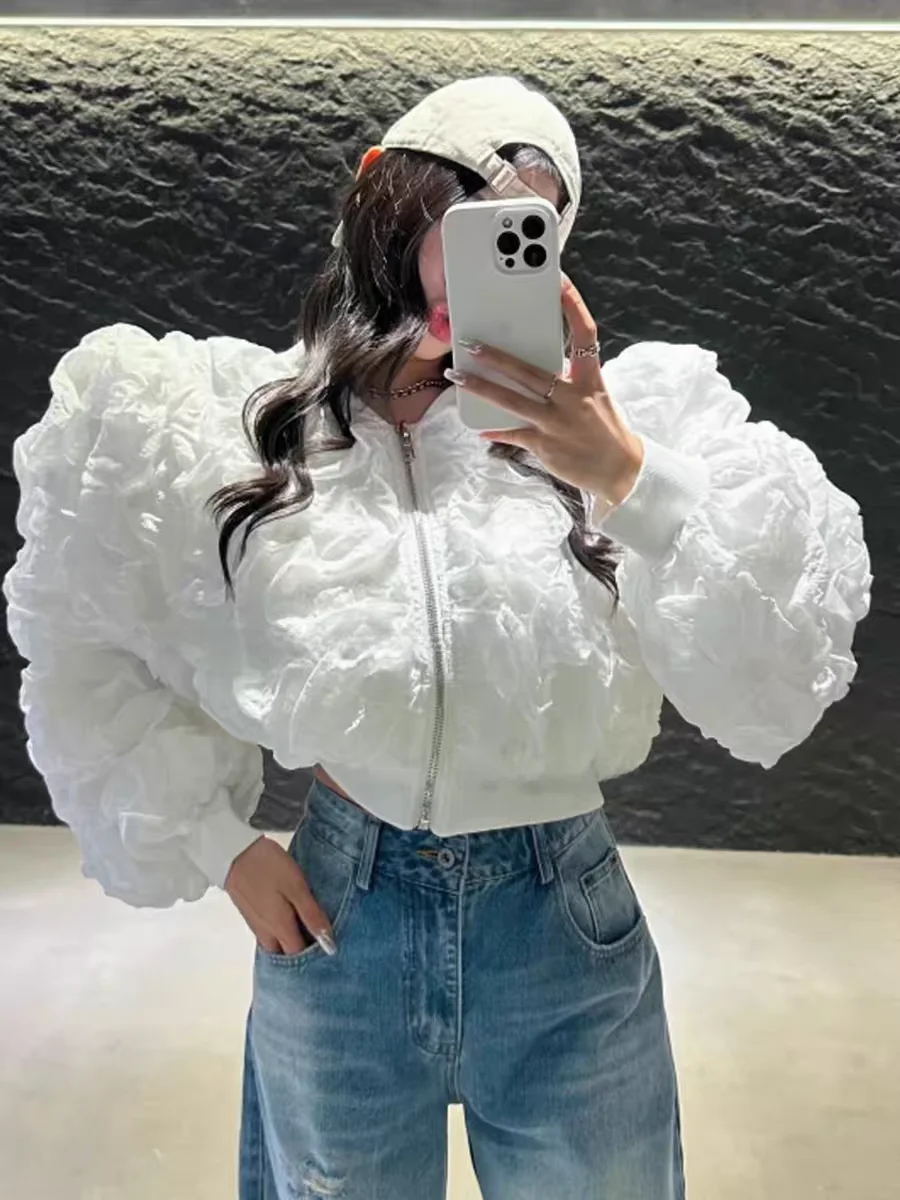 

Women's ort Bubble Sve Jaet Slimming Waist Design Stand Collar Zipper Casual Sle Faion Outerwear Top