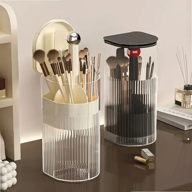 Automatic Lifting Makeup Brush Holder with Dustproof Lid, Cosmetic Storage Box for Brushes & Lipsticks, Vanity Organizer