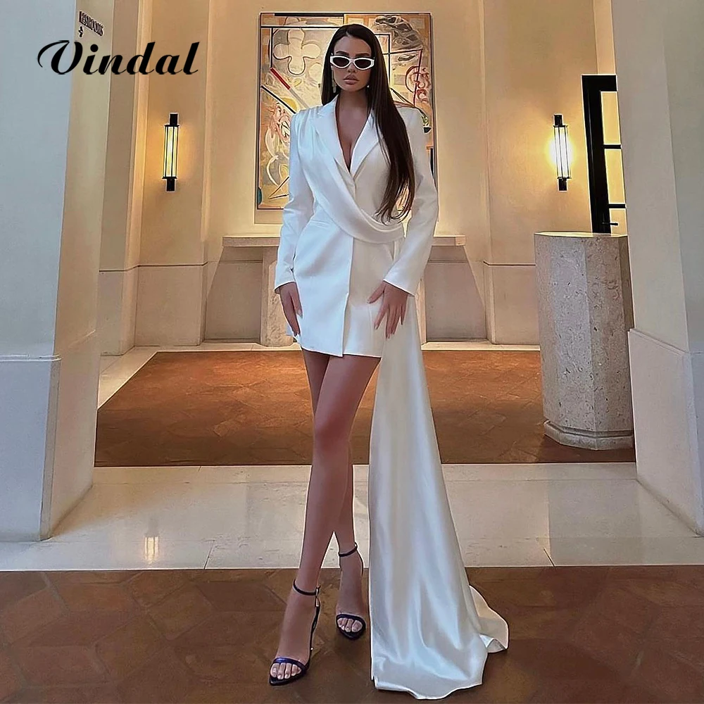 

Vindal модное белое атласное вечернее платье для женщин, элегантный облегающий костюм с длинными рукавами, сексуальные мини-коктейльные платья с v-образным вырезом по индивидуальному заказу