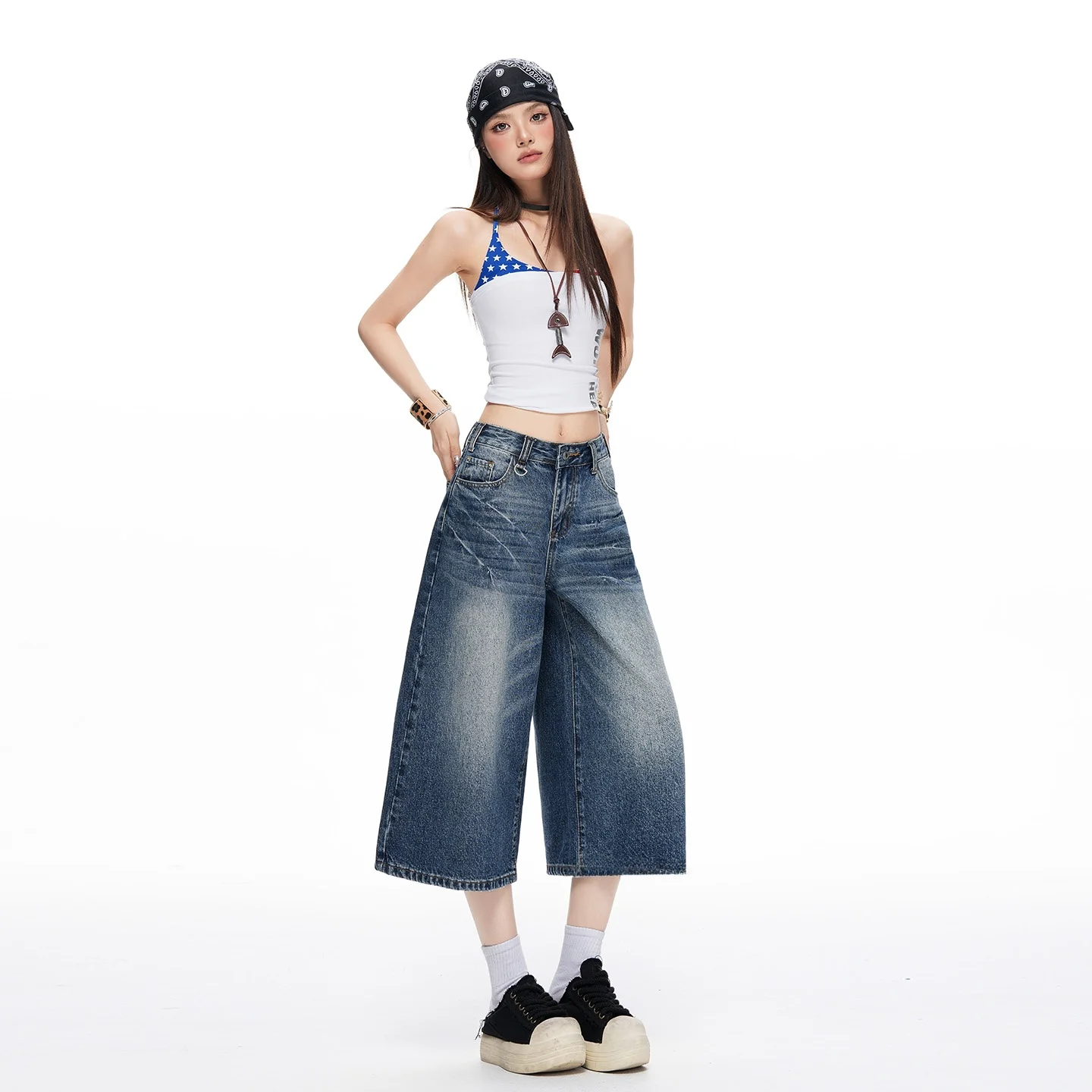 American Style High Waist Cotton Jeans Women's Loose Fit Folded Summer New Style Seven Inch Washed out Wide Leg Jeans