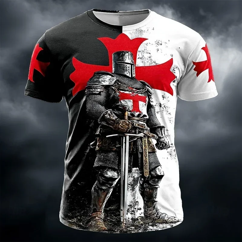 Herren-T-Shirt mit 3D-Druck im Templer-Ritter-Design, Schwarz-Weiß mit Rotem Kreuz, Lässiges Kurzarm-Übergrößen-Streetwear-Shirt – Detail 11