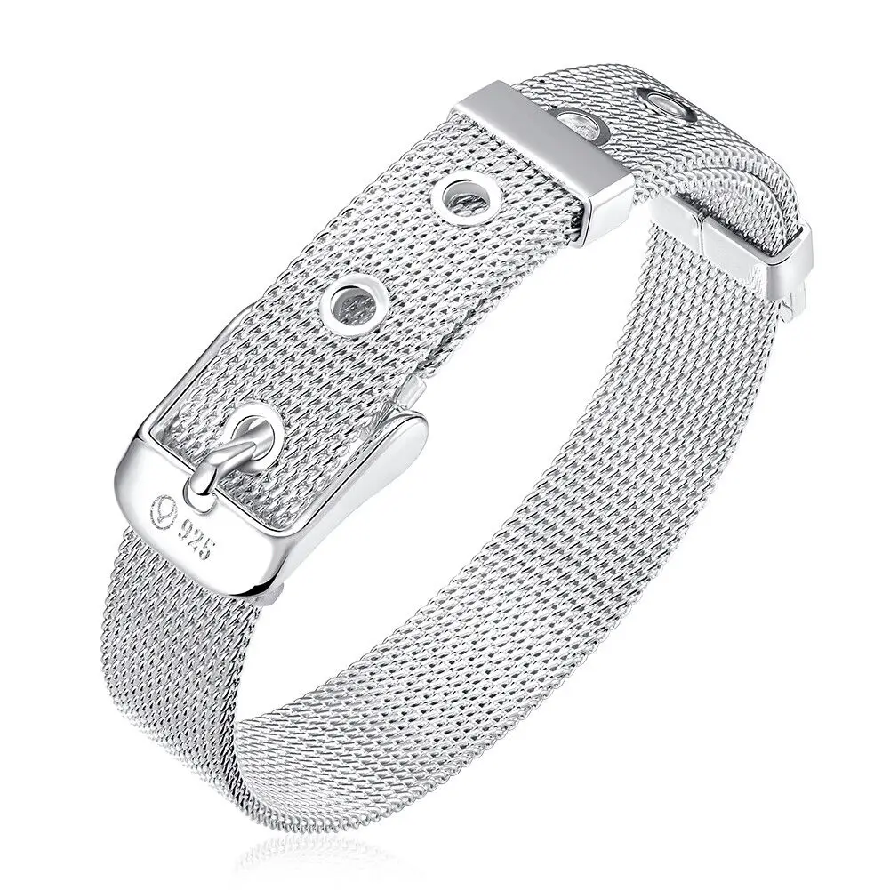 925 Sterling Silver 8 Inch 20CM Adjustable Milanese Strap Belt Buckle Mesh Bracelet Bangle