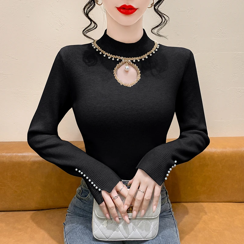 

2025 осенне-зимние пуловеры, свитер, корейская мода, расшитая бисером, ажурная вязаная рубашка, тонкие повседневные женские топы с длинными рукавами