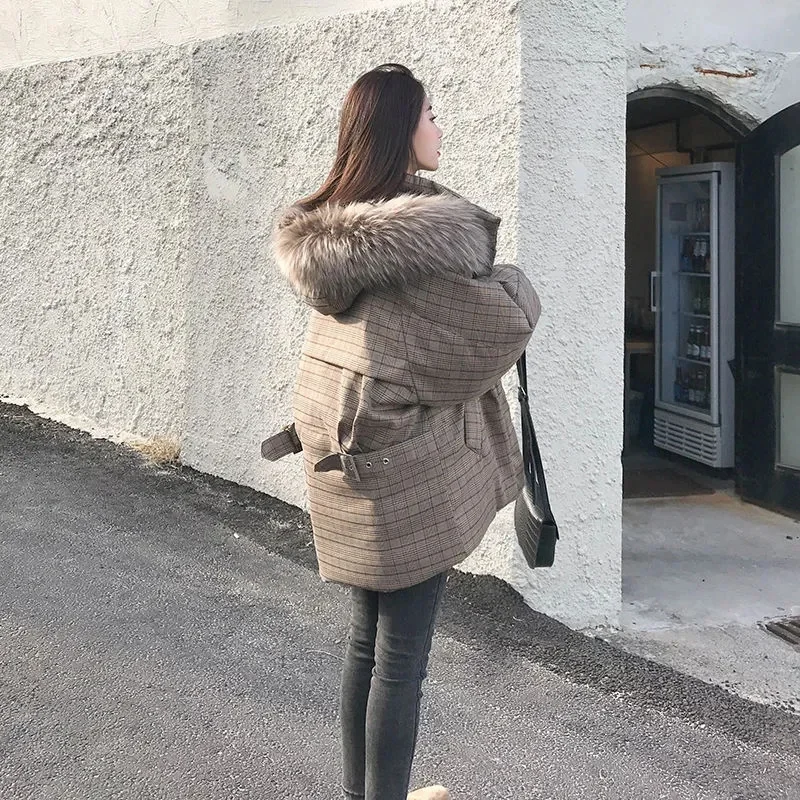 Large Collar Plaid Cotton Jacket For Women's Mid Length 2023 Winter New Fitting Cotton Jacket With Thickened Cotton Jacket Coat