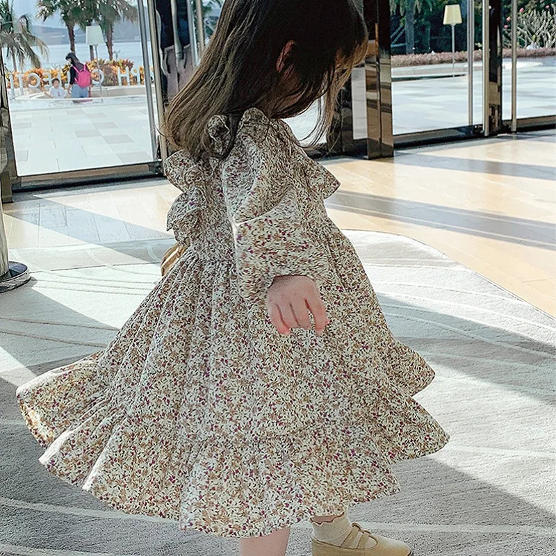 Girls Floral Princess Dress Spring Autumn New Pleated British Style Children\'S Clothing Pastoral Style Girls Fashion Kids Outfit