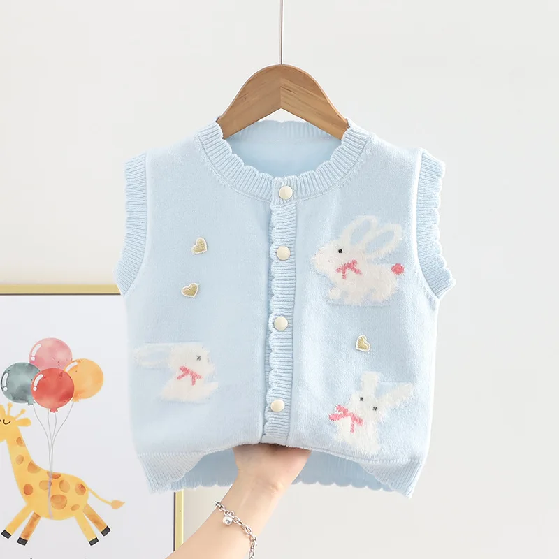 Gestrickte Weste für Mädchen, Herbst/Winter, süßes Design, für Kleinkinder, mit Cartoon-Kaninchenmuster, neue ärmellose Strickjacke für Kinder. – Detail 4