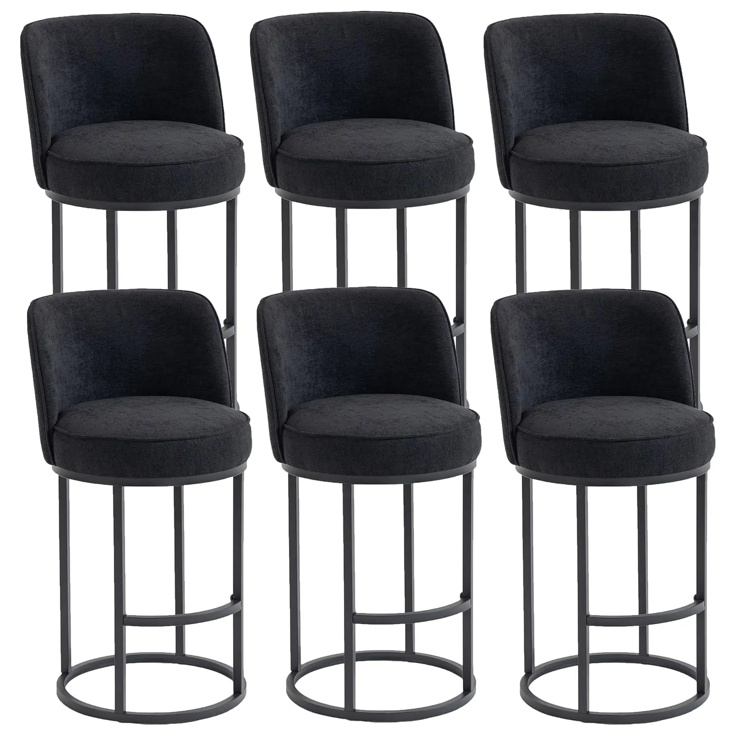 

Black Linen Fabric Bar Stools Set of 6 High Backrest Bucket Design Sturdy Frame Breakfast Bar Home Cafe Customized