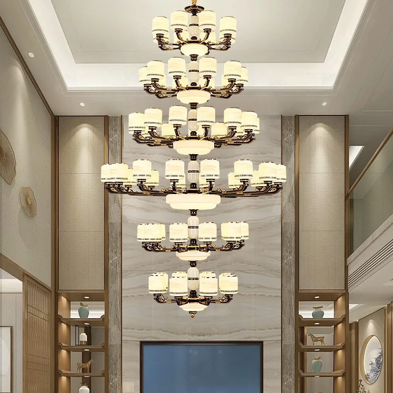 

Luxury Duplex Building Big Chandeliers New Imitation Jade LED Chandelier Lighting Villa Club Hotel Hall Staircase Pendant Lamps