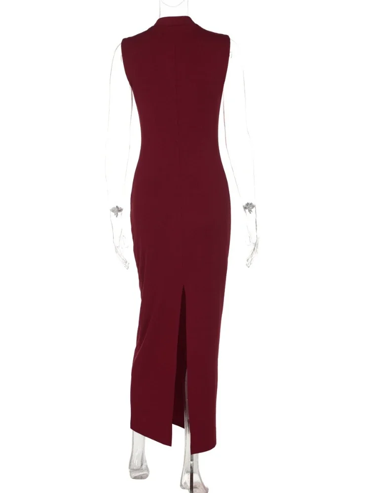 Vrouwen mouwloze uitgehold bodycon lange feestjurk high street kantoor dame elegante hoge taille split effen avond prom jurken