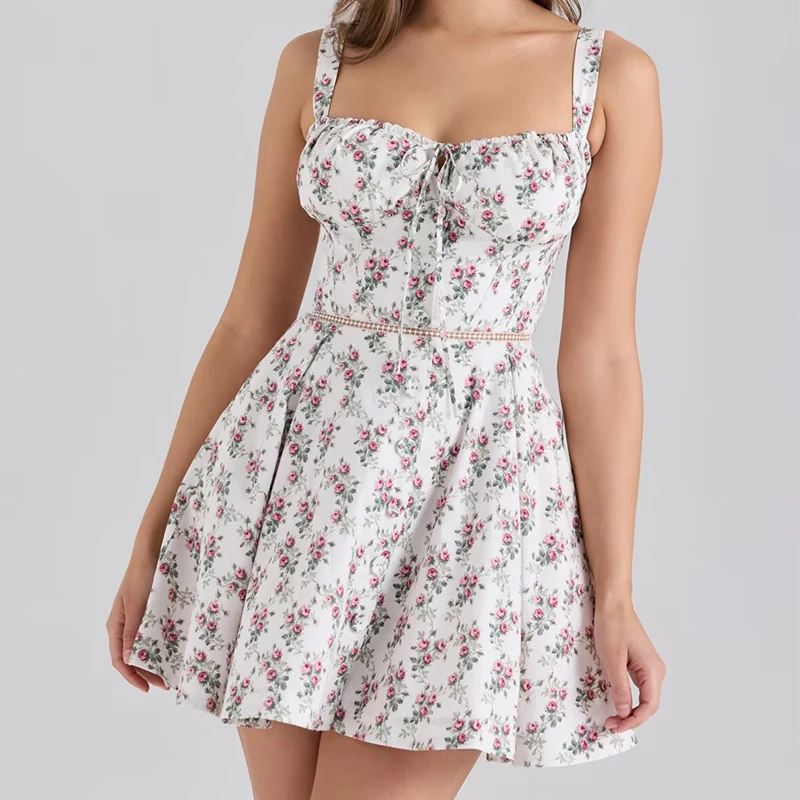 Jastie-vestido Sexy con tirantes finos y estampado de flores para mujer, vestidos cortos con cordones cruzados en la espalda, corte en A, para vacaciones, verano 2025