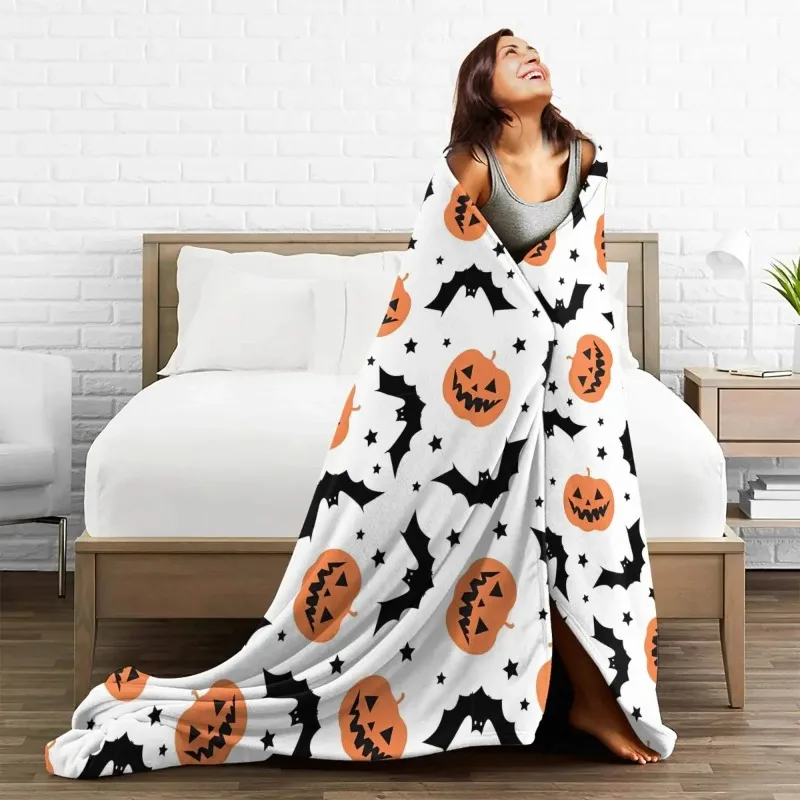 

Halloween Pumpkins Spooky Knitted Blankets Fleece Bat Gothic Cartoon Soft Throw Blankets for Bedroom Sofa Bed Rug 150x200cm