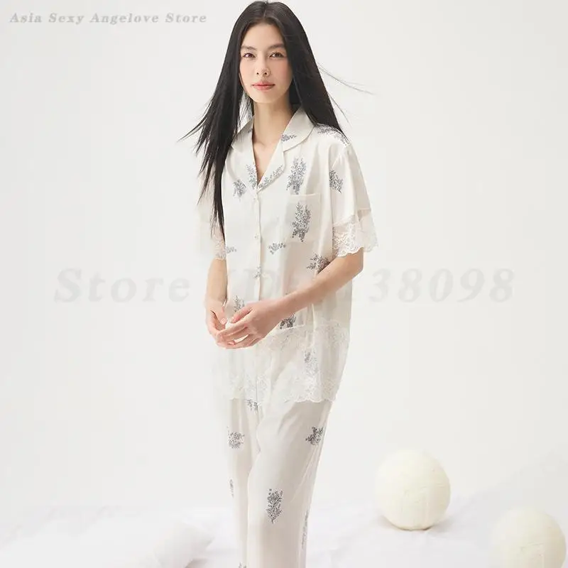 2026 New Summer Pajamas Set Short Sleeve Top&pants 2Pcs Ice Silk Loungewear Women Printed Sleepwear Loose Home Clothes Nightwear 4