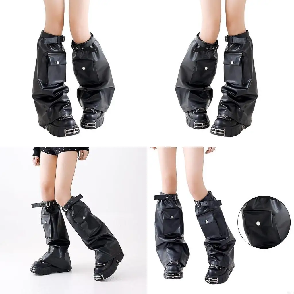 

M6CD Women Black Leg Warmer with Eyelet Strap Pocket Punk Faux Leather Boot Covers