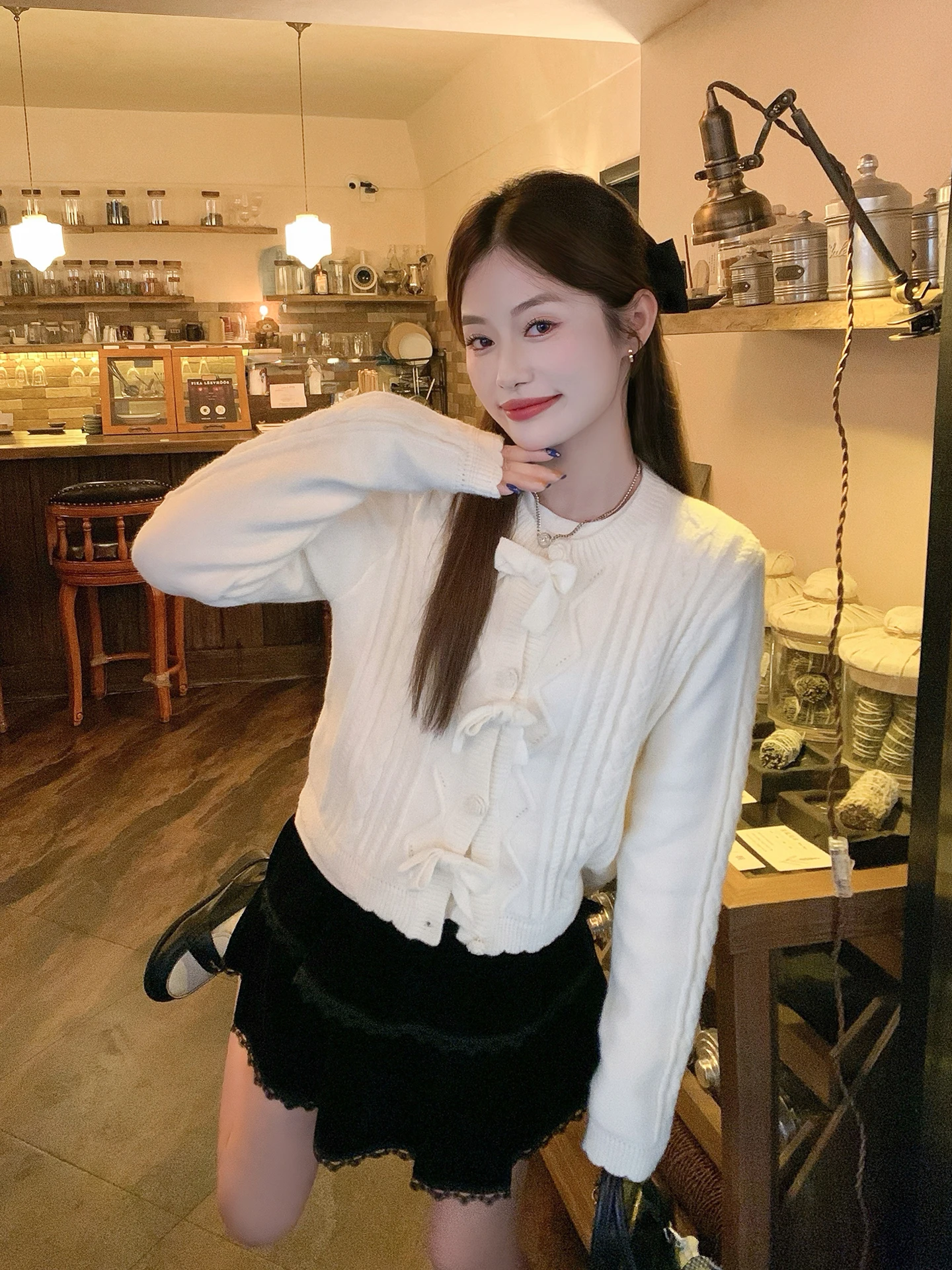 

Korean Sle ort Knitted Sweater Women's Faion Knot Beige Autumn Winter Small Size Cardigan Top Warmth Clothing