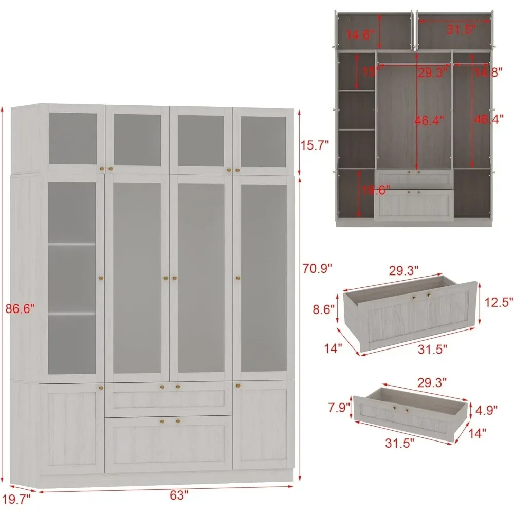 Wardrobe Cabinet, Armoire Closet with Frosted Glass Doors, Bedroom Wardrobe with 2 Drawers,Hanging Rod & Top Cabinet for Storage