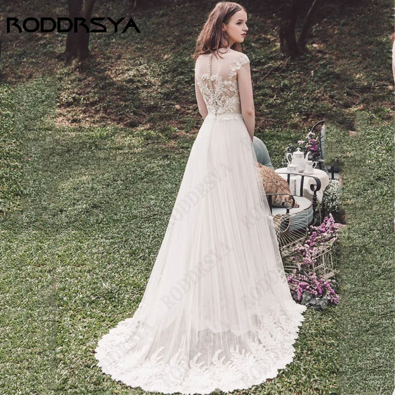 RODDRSYA Boho V-Neck Appliques Wedding Dress For Women Cap Sleeve A-Line Bride Gowns Illusion Back Tulle Robe Mariée Custom Made