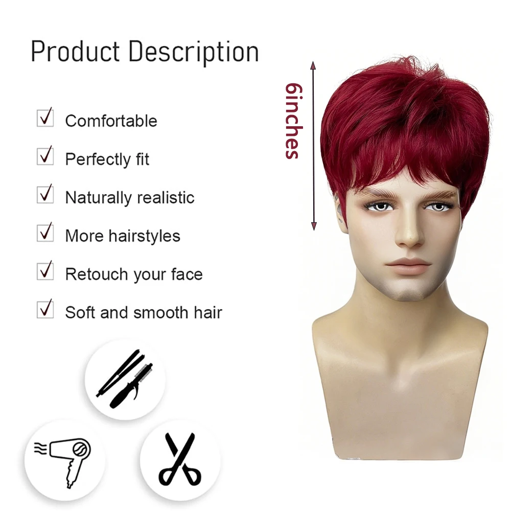 Burgundy Short Mens Wig Natural Looking Fluffy Layered Heat Resistant Synthetic Hair For Daily Wear Cosplay Party Halloween