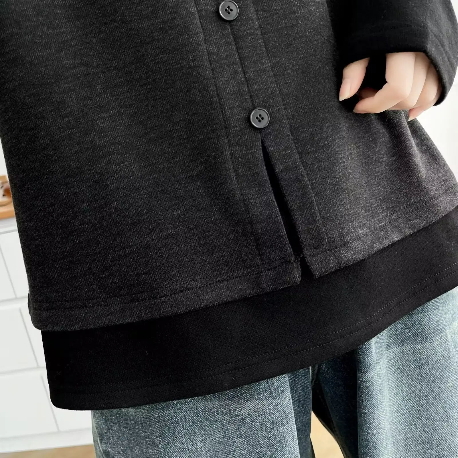 XXXXL موضة حجم كبير ملابس امرأة تي شيرت وهمية قطعتين الصوف الدافئة طويلة الأكمام الخريف الشتاء الجولة الرقبة داخل القمم 2521 #3