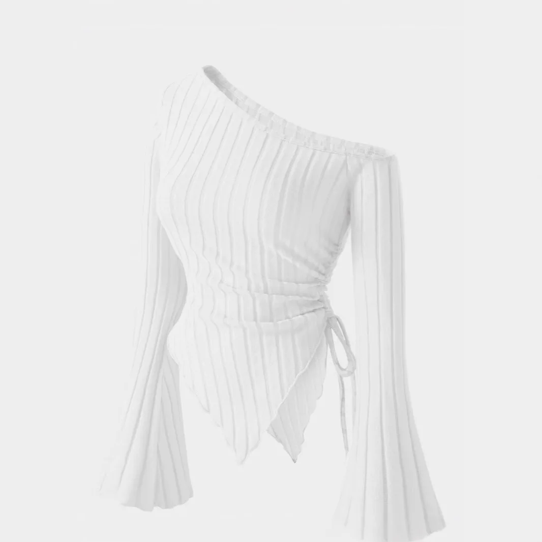 Women's Trendy One-Shoulder Blouse Vertical Ribbed Knit Fabric Flared Sleeve Drawstring Waist Asymmetrical Hem Baddie Casual Top