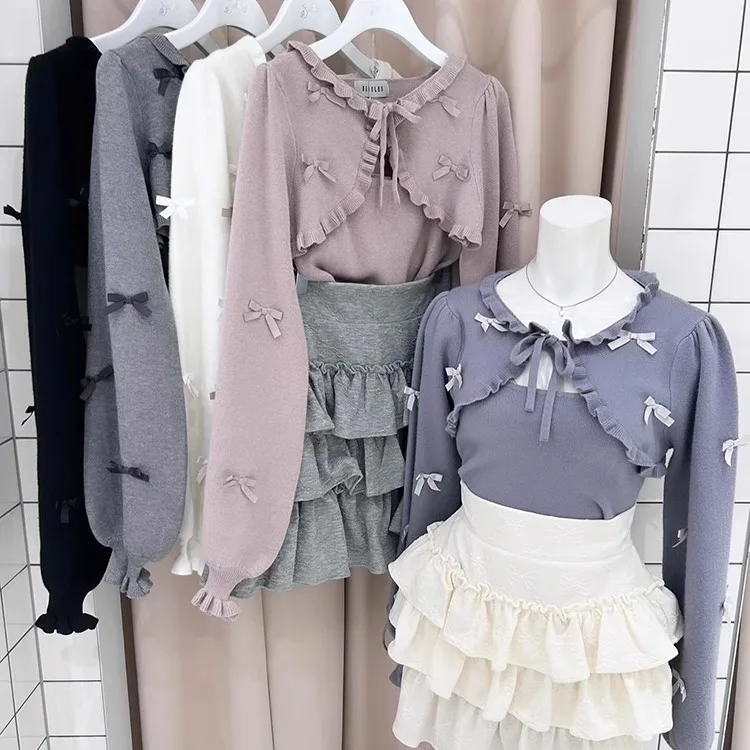 일본식 달콤한 우아한 레이스 업 보우 랜턴 슬리브 짧은 카디건 니트 민소매 슬링 탑 다목적 투피스 세트 여성