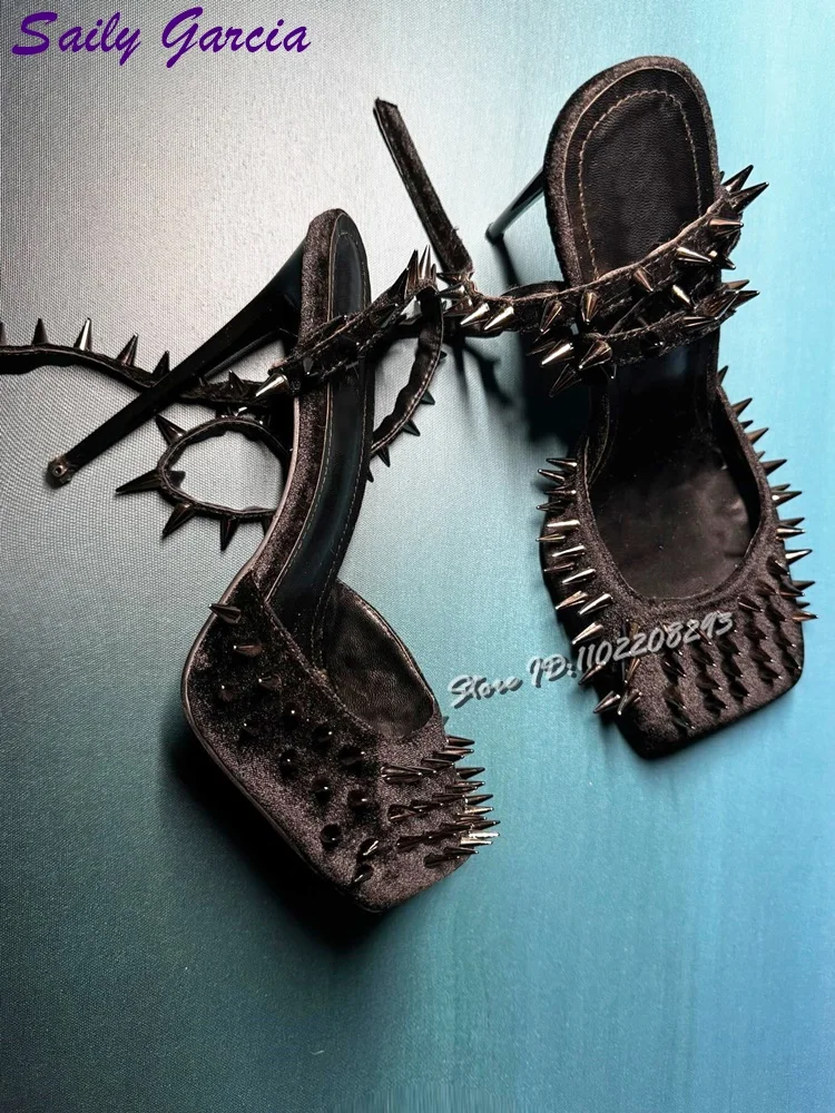Sexy Suede Spikes Pumps Black Square Toe Shallow Rivet Cross-tied High Heels 2025 Summer New Elegant Party Fashion Women Shoes image 3