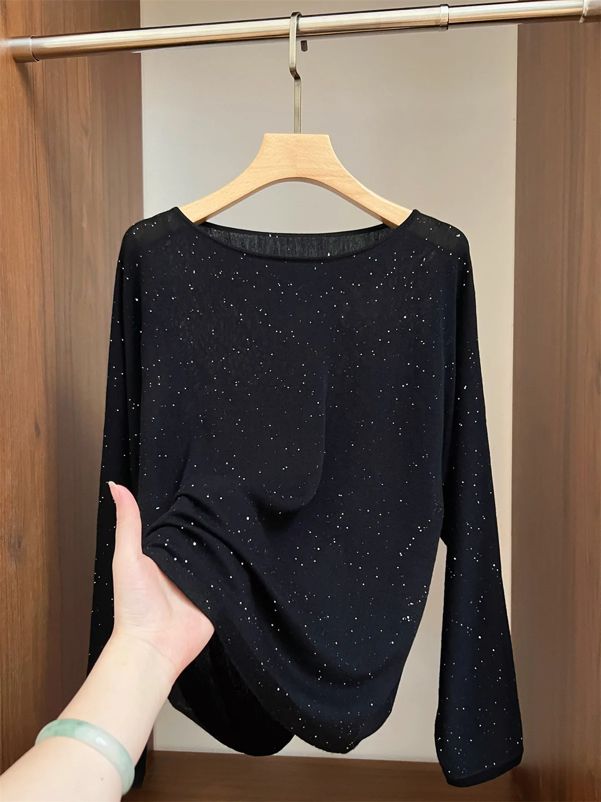 Fenggejiwo Night Sky Starry Home Early Autumn One Collar Glitter Water soluble Wool Knitted Hoodie