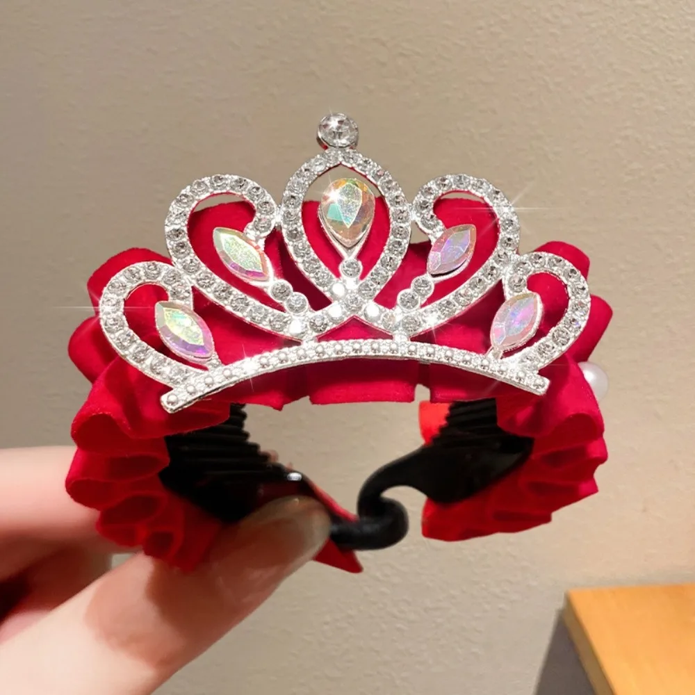 

High Ponytail Fixed Artifact Children's New Year Crown Rhinestone Pearl Chinese Kids Hair Claw Crystal Cloth Hair Clip Crab