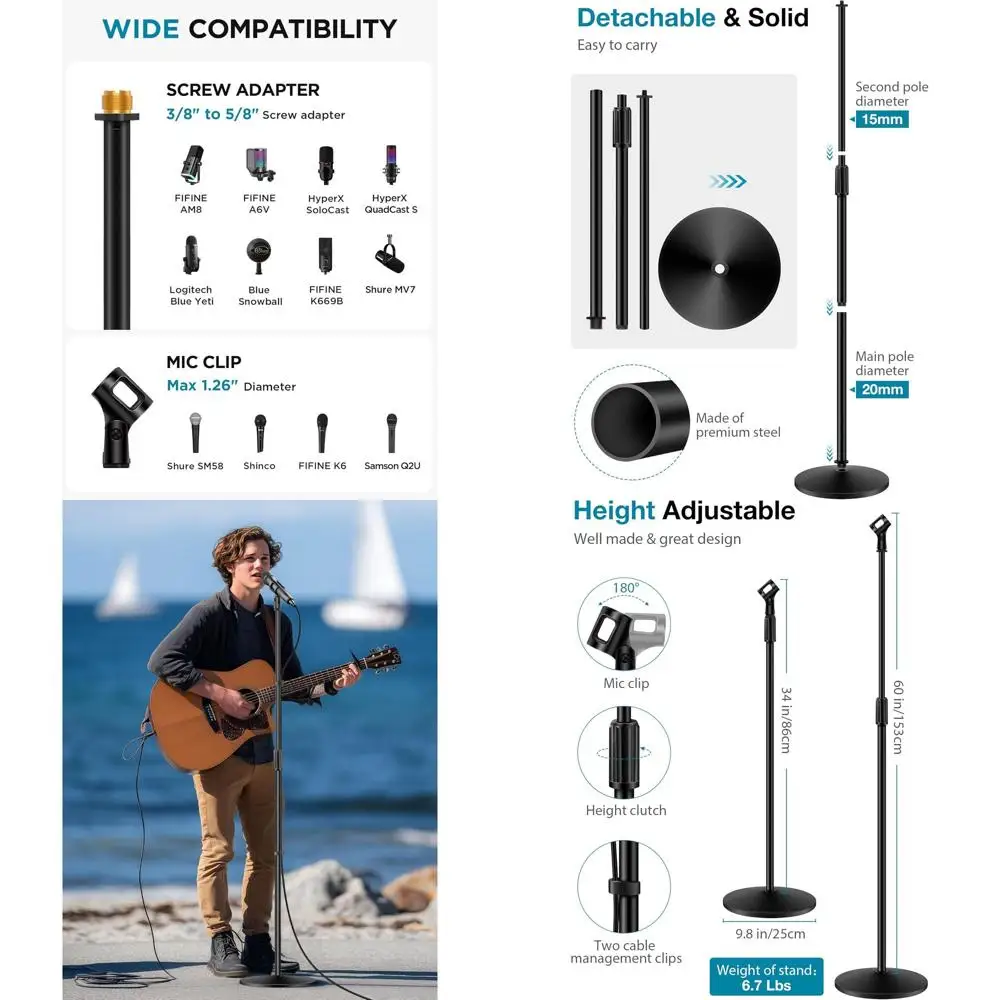 

2-Piece Detachable Boom Arm Mic Stands with Adjustable Height from 34 to 60 - Compatible with SM58, Q2U, and K669B