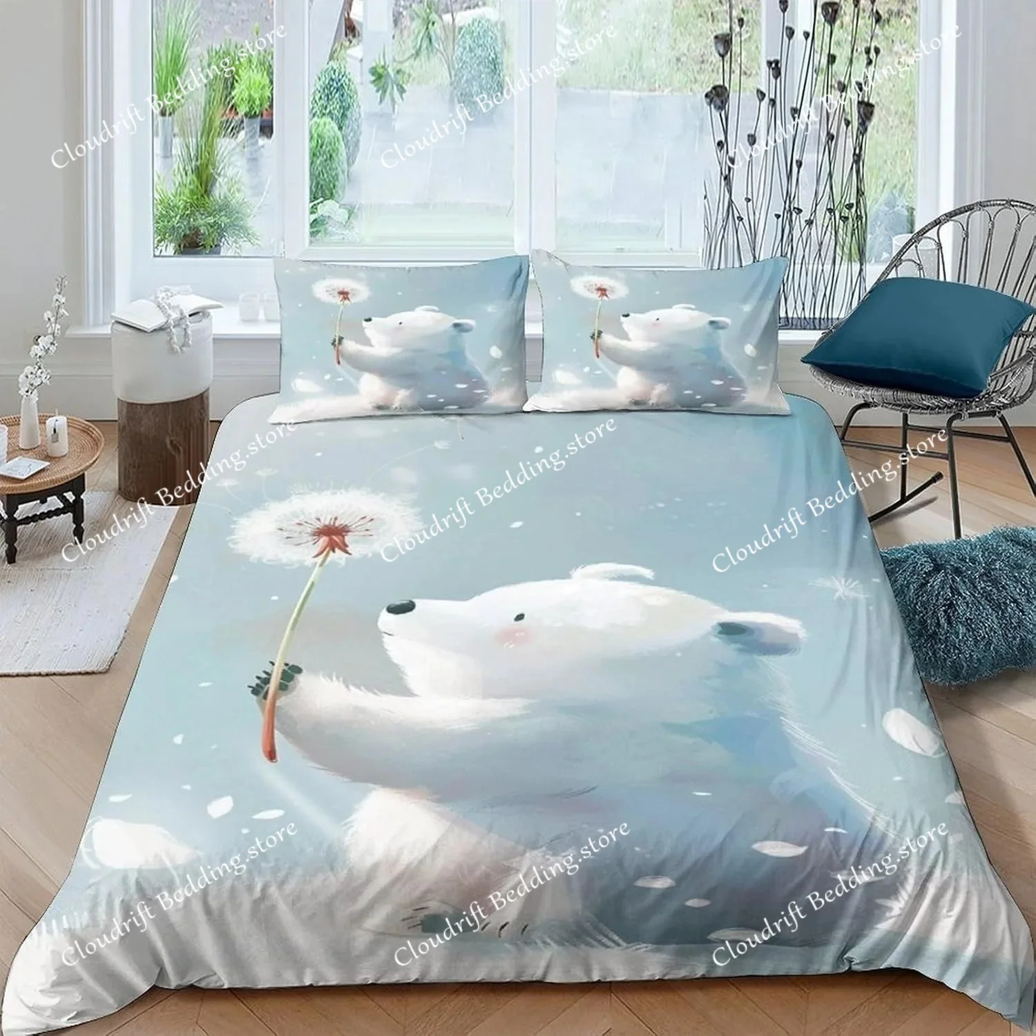Polar Bear Bed Set Children's 3D Ice Cream Snow Quilt Set Printed Bedding Set Microfiber Boys and Girls Adult Soft with Zipper a