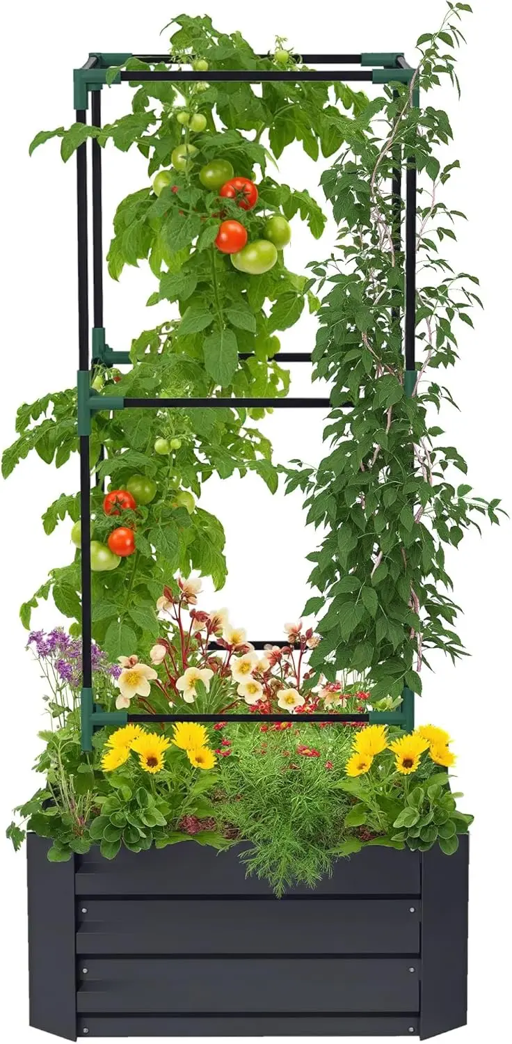 

Galvanized Raised Garden Bed, 55" Tall Outdoor Planter Box with Trellis Tomato Cage and Open Bottom for Climbing Vines, Vegetabl