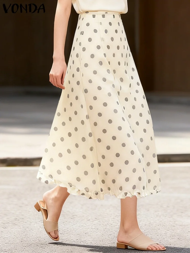 

VONDA Bohemian Women Holiday Party Skirts Polka Dot Casual Jupes Faldas Saia 2025 Fashion Ruffled See-through Long Bottoms