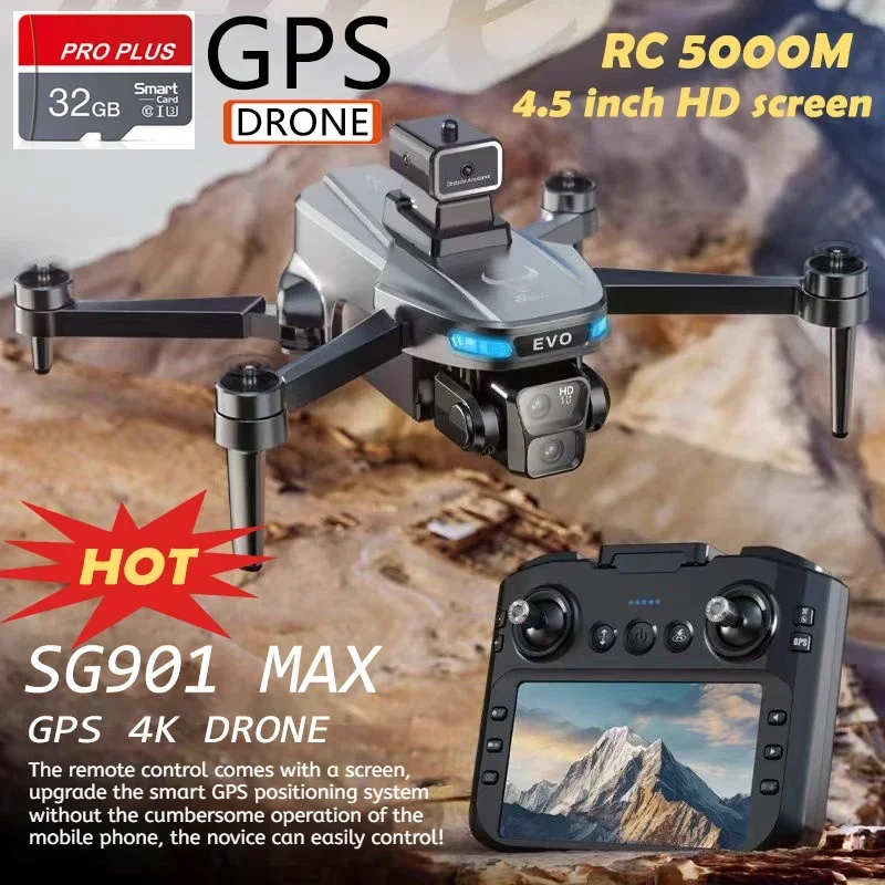 

Дрон SG901 MAX с двойной камерой, GPS, бесщеточный, интеллектуальный, предотвращение препятствий с картографическим экраном, управление 4,5-дюймовым радиоуправляемым самолетом, дрон