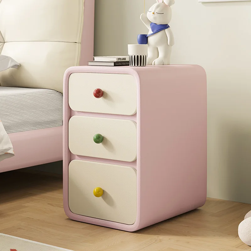 PK6: Dopamine Wooden Bedside Cabinet, Minimalist Two-Tone Nightstand, Luxury Kids Bedroom Table, Ultra-Narrow Pink Storage