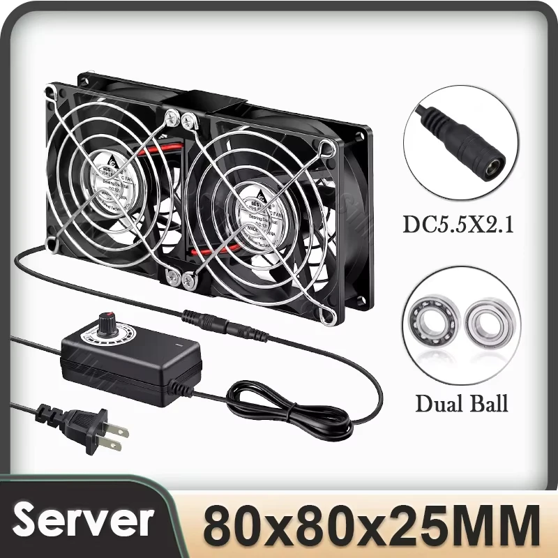 Gdstime DC 12V Dual Ball 80x25mm 80mm Computer Fan with Big Airflow Variable Speed Controller for Laptop PC Receiver DVR Cooling