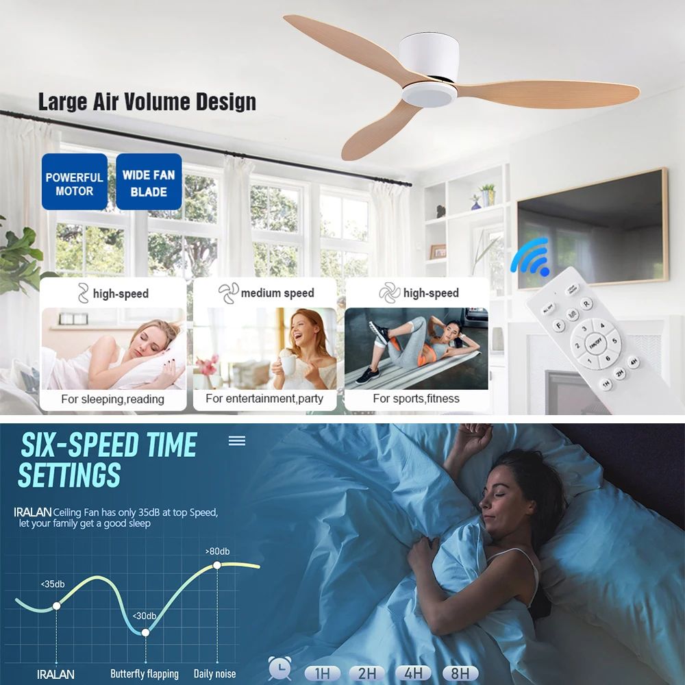 IRALAN Ventilatore da soffitto da 42 pollici/52 pollici senza luce, reversibile a 6 velocità, timer, soggiorno camera da letto esterno-Bianco/Nero/Legno